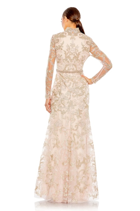 Shop Mac Duggal Pink Polyester Embroidery, Beads Collared Floral Blossom Gown at Aza Fashions Shop_Mac Duggal_Pink Polyester Embroidery, Beads Collared Floral Blossom Gown _at_Aza_Fashions