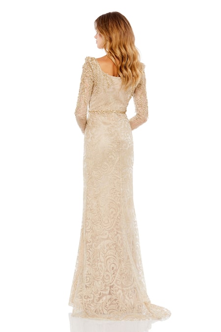 Shop Mac Duggal Gold Polyester Embroidery, Applique Scoop Leaf Vine Embellished Trumpet Gown at Aza Fashions Shop_Mac Duggal_Gold Polyester Embroidery, Applique Scoop Leaf Vine Embellished Trumpet Gown _at_Aza_Fashions
