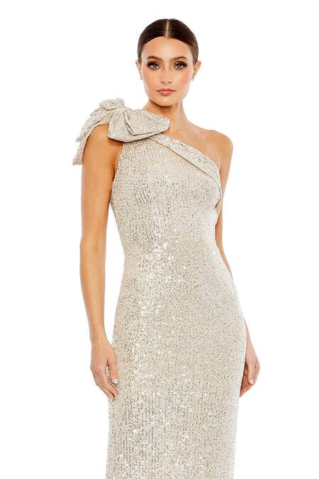 Mac Duggal_Silver Polyester Bows Asymmetric Applique Sequin Embellished Gown _Online_at_Aza_Fashions