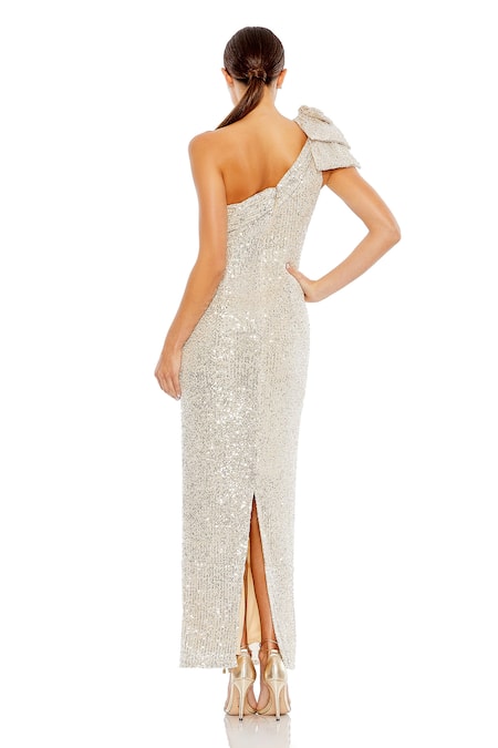 Shop_Mac Duggal_Silver Polyester Bows Asymmetric Applique Sequin Embellished Gown _at_Aza_Fashions