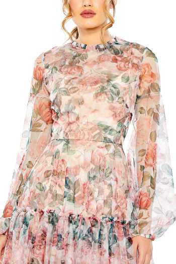 Mac Duggal_Multi Color Chiffon Embroidery Collared Floral Blossom Print Dress_Online_at_Aza_Fashions