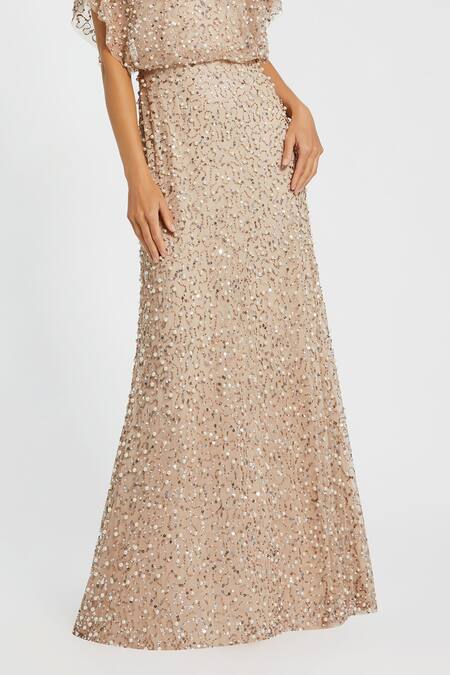 Mac Duggal_Beige Polyester Pearls, Sequins, Beads Round Neck Embellished Gown _Online_at_Aza_Fashions