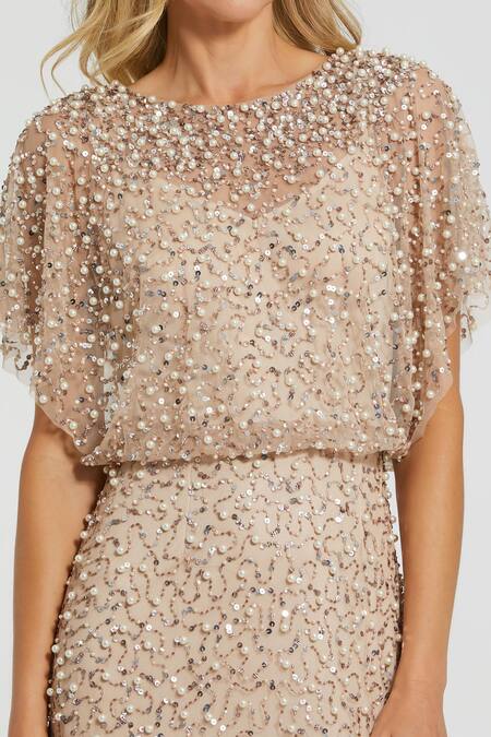 Buy_Mac Duggal_Beige Polyester Pearls, Sequins, Beads Round Neck Embellished Gown _Online_at_Aza_Fashions