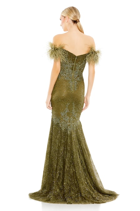 Shop Mac Duggal Green Polyester Embroidery, Sequins Sweetheart Neck Floral Hand Embellished Gown at Aza Fashions Shop_Mac Duggal_Green Polyester Embroidery, Sequins Sweetheart Neck Floral Hand Embellished Gown _at_Aza_Fashions