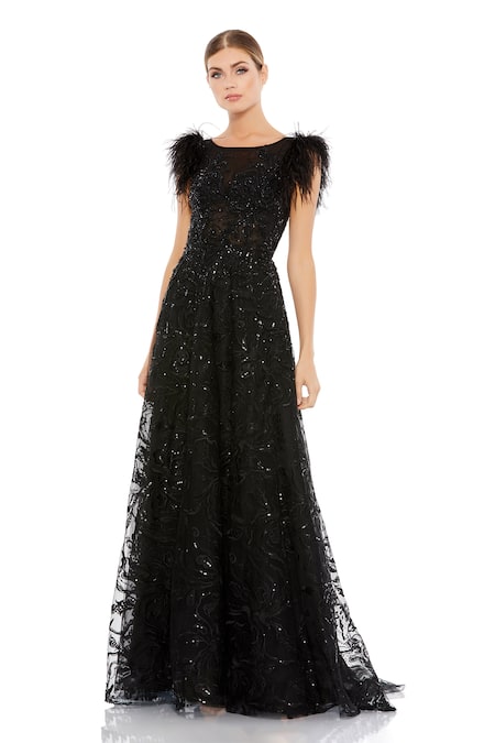 Mac Duggal Black Net Embroidery Floral Round Neck Tonal Hand Embellished Gown 
