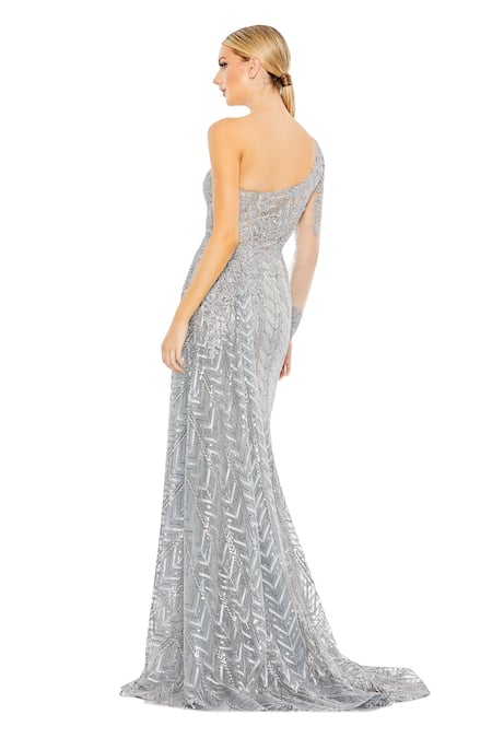 Shop Mac Duggal Grey Net Sequins, Embroidery Asymmetric Hand Stitched Work Gown at Aza Fashions Shop_Mac Duggal_Grey Net Sequins, Embroidery Asymmetric Hand Stitched Work Gown _at_Aza_Fashions