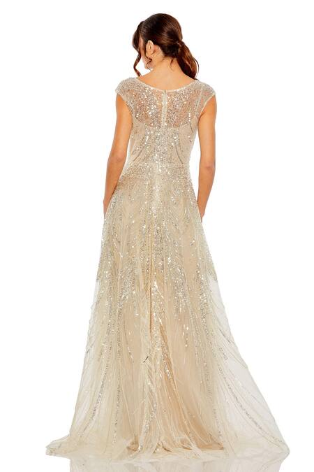 Shop_Mac Duggal_Beige Net Sequins, Beads Off-shoulder Embellished Sheer Gown _at_Aza_Fashions
