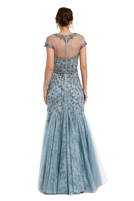 Shop Mac Duggal Blue Net Embroidery, Crystals Sweetheart Sheer Top Iris Embellished Mermaid Gown at Aza Fashions Shop_Mac Duggal_Blue Net Embroidery, Crystals Sweetheart Sheer Top Iris Embellished Mermaid Gown _at_Aza_Fashions