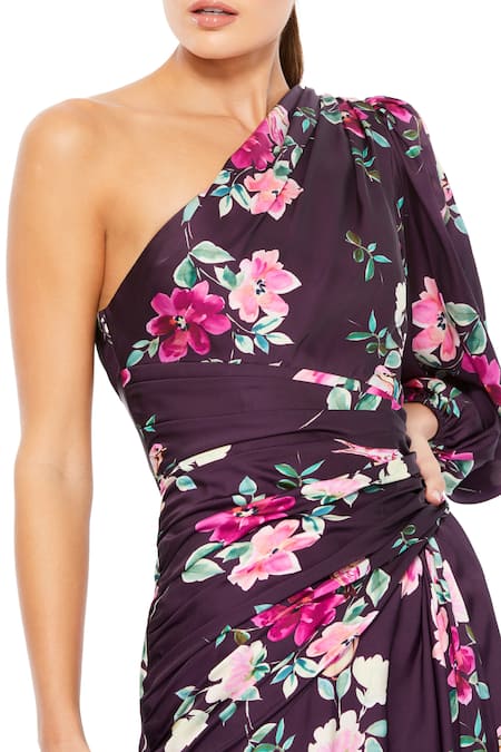 Mac Duggal_Purple Polyester One Shoulder Periwinkle Bloom Print Gown _Online_at_Aza_Fashions