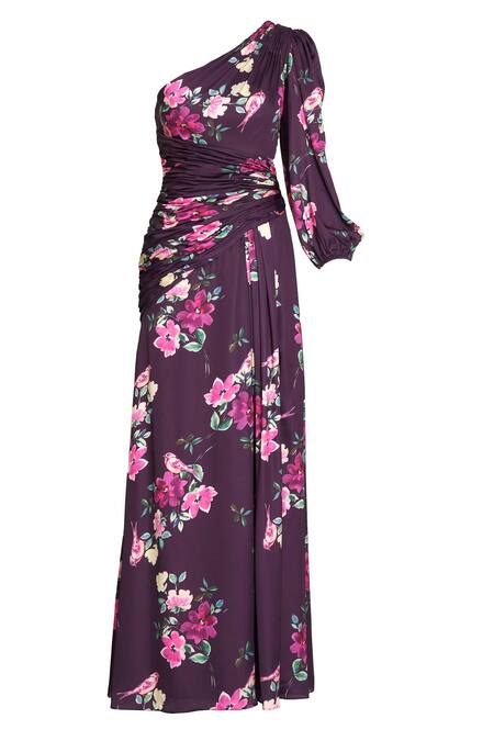 Buy_Mac Duggal_Purple Polyester One Shoulder Periwinkle Bloom Print Gown _Online_at_Aza_Fashions