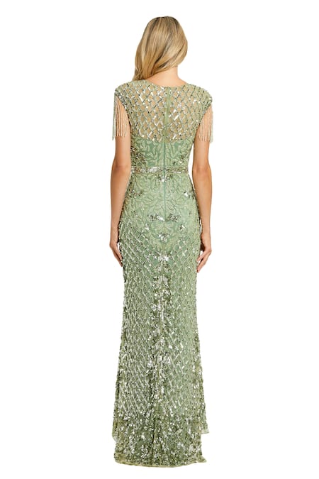 Shop Mac Duggal Green Net Beads, Embroidery High Neck Sequin Gardenia Gown at Aza Fashions Shop_Mac Duggal_Green Net Beads, Embroidery High Neck Sequin Gardenia Gown _at_Aza_Fashions