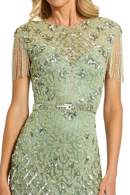 Mac Duggal Green Net Beads, Embroidery High Neck Sequin Gardenia Gown Online at Aza Fashions Mac Duggal_Green Net Beads, Embroidery High Neck Sequin Gardenia Gown _Online_at_Aza_Fashions
