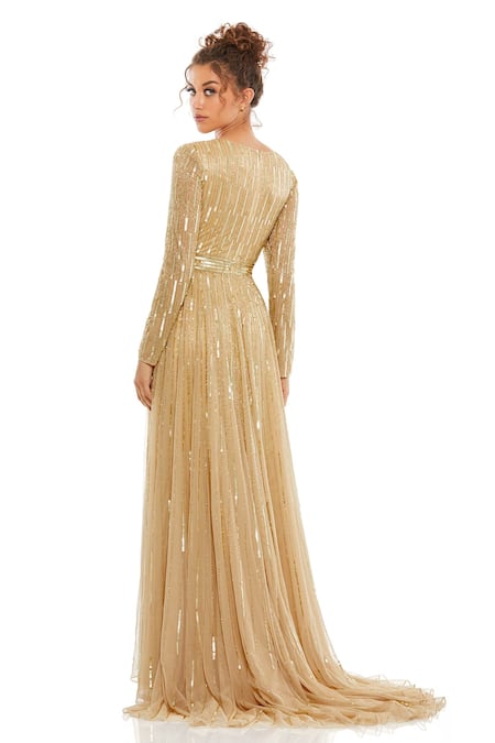 Shop_Mac Duggal_Gold Polyester Sequins Plunge Neck Brazen Ray Gown _at_Aza_Fashions