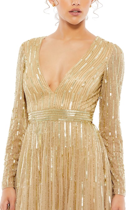Mac Duggal_Gold Polyester Sequins Plunge Neck Brazen Ray Gown _Online_at_Aza_Fashions