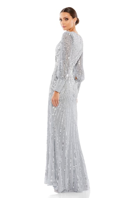 Shop Mac Duggal Grey Polyester Sequins, Cut Work V-neck Astral Embellished Wrap Gown at Aza Fashions Shop_Mac Duggal_Grey Polyester Sequins, Cut Work V-neck Astral Embellished Wrap Gown _at_Aza_Fashions