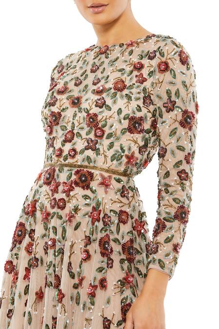 Mac Duggal Peach Net Cut Work, Pearls, Sequins High Neck Rosalia Embroidered Gown Online at Aza Fashions Mac Duggal_Peach Net Cut Work, Pearls, Sequins High Neck Rosalia Embroidered Gown _Online_at_Aza_Fashions