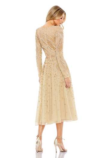 Shop Mac Duggal Gold Polyester Sequins, Pearls High Neck Cosmic Bloom Embroidered Midi Dress at Aza Fashions Shop_Mac Duggal_Gold Polyester Sequins, Pearls High Neck Cosmic Bloom Embroidered Midi Dress _at_Aza_Fashions