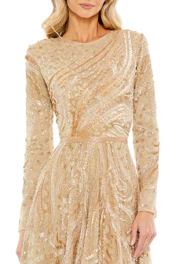 Mac Duggal Gold Polyester Sequins, Pearls High Neck Cosmic Bloom Embroidered Midi Dress Online at Aza Fashions Mac Duggal_Gold Polyester Sequins, Pearls High Neck Cosmic Bloom Embroidered Midi Dress _Online_at_Aza_Fashions