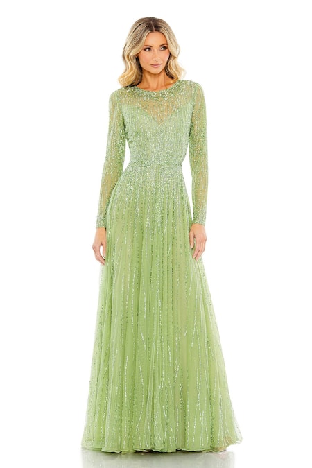 Mac Duggal Green Net Embroidery Sequin Illusion High Neck Peridot Wave Gown