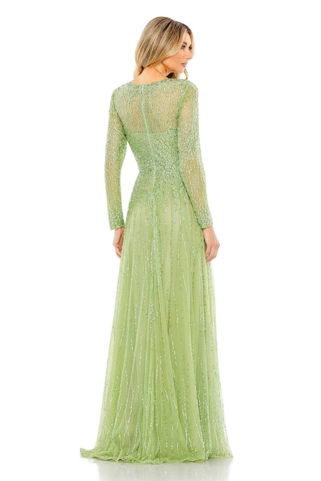 Shop_Mac Duggal_Green Net Sequins, Cut Work High Neck Peridot Wave Embroidered Gown _at_Aza_Fashions