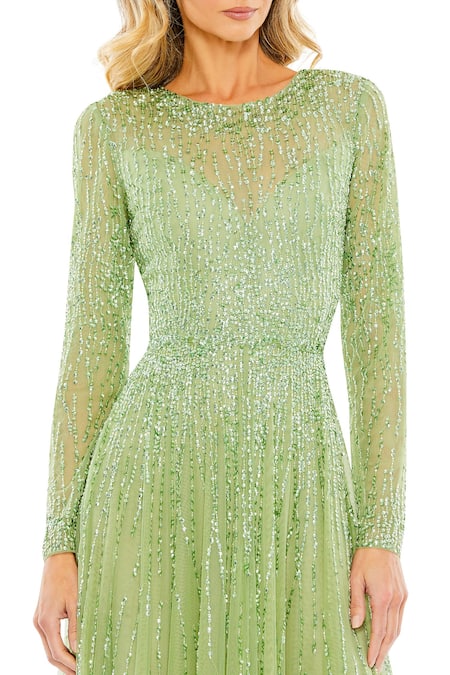 Mac Duggal_Green Net Sequins, Cut Work High Neck Peridot Wave Embroidered Gown _Online_at_Aza_Fashions