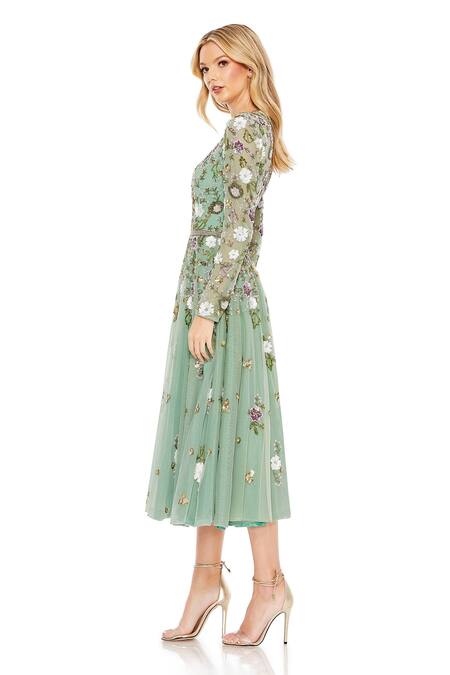 Mac Duggal_Green Net Sequins, Pearls High Neck Soft Girl Wonderland Embroidered Midi Dress _Online_at_Aza_Fashions