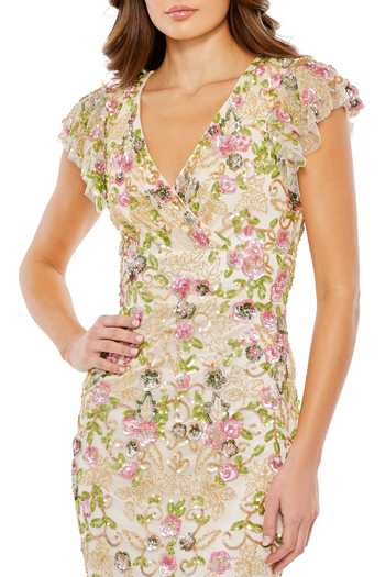 Mac Duggal Off White Net Sequins, Cut Work V-neck Love And Dusk Bloom Embroidered Midi Dress 3