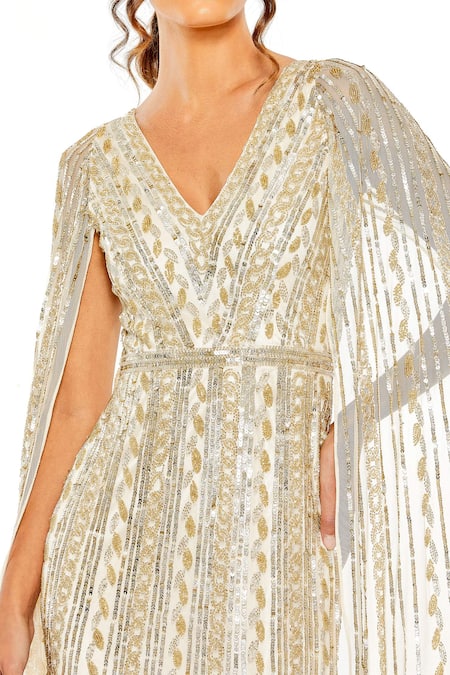 Mac Duggal Beige Polyester Sequins, Cut Work V-neck Lolite Space Embroidered Gown Online at Aza Fashions Mac Duggal_Beige Polyester Sequins, Cut Work V-neck Lolite Space Embroidered Gown _Online_at_Aza_Fashions