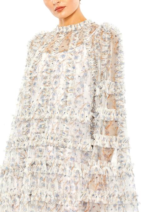 Mac Duggal_White Polyester Round Neck Ditsy Iris Print Ruffled A Line Dress_Online_at_Aza_Fashions