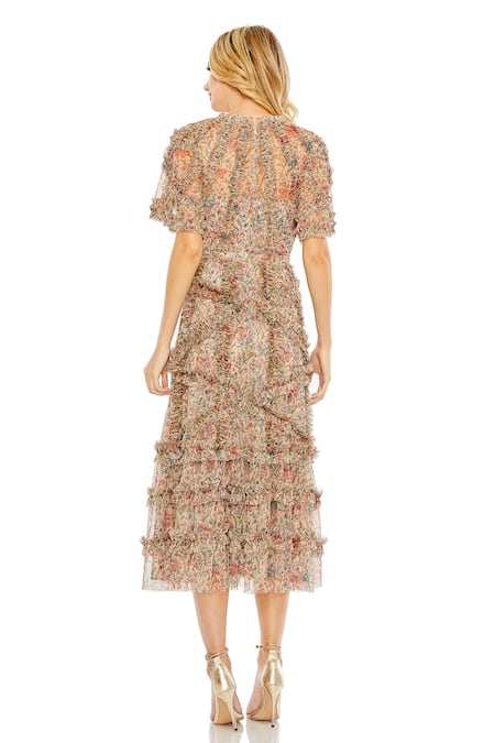 Shop Mac Duggal Beige Net Fringe High Neck Garden Print Ruffled Midi Dress at Aza Fashions Shop_Mac Duggal_Beige Net Fringe High Neck Garden Print Ruffled Midi Dress _at_Aza_Fashions