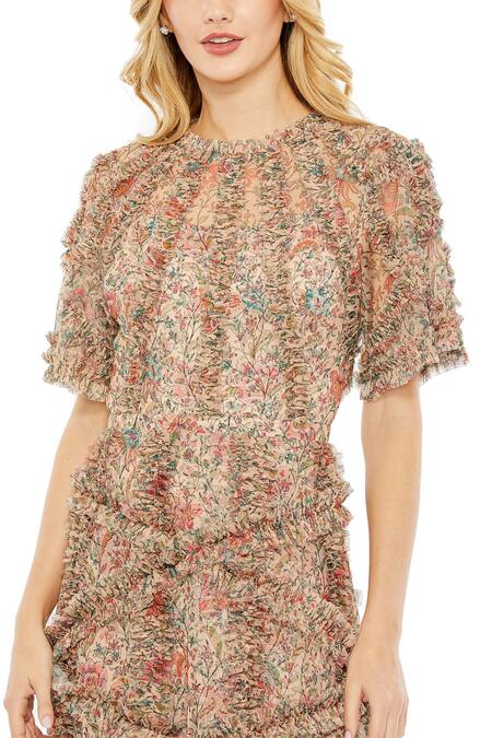 Mac Duggal Beige Net Fringe High Neck Garden Print Ruffled Midi Dress Online at Aza Fashions Mac Duggal_Beige Net Fringe High Neck Garden Print Ruffled Midi Dress _Online_at_Aza_Fashions