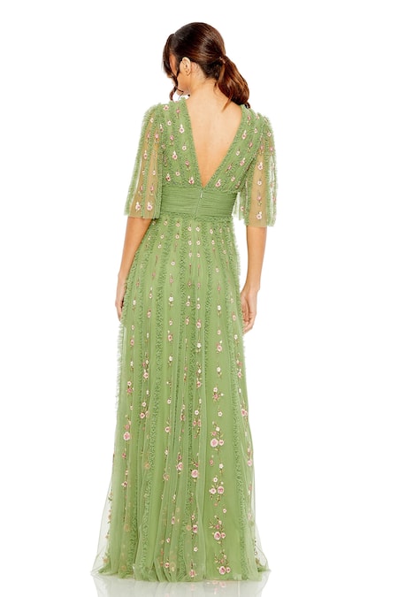 Shop Mac Duggal Green Polyester Ruffles, Embroidery V-neck Trumpet Vine Empire Waist Gown at Aza Fashions Shop_Mac Duggal_Green Polyester Ruffles, Embroidery V-neck Trumpet Vine Empire Waist Gown _at_Aza_Fashions