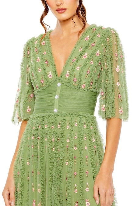 Mac Duggal Green Polyester Ruffles, Embroidery V-neck Trumpet Vine Empire Waist Gown Online at Aza Fashions Mac Duggal_Green Polyester Ruffles, Embroidery V-neck Trumpet Vine Empire Waist Gown _Online_at_Aza_Fashions