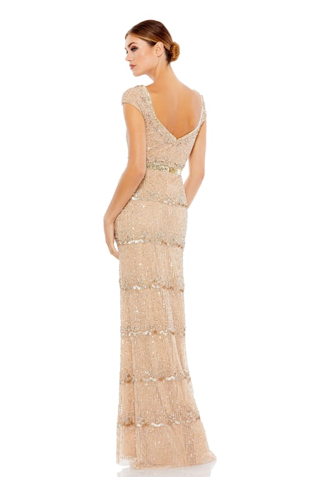 Shop_Mac Duggal_Beige Polyester Cut Work, Sequins, Beads Moonstone Embroidered Cap Sleeve Gown _at_Aza_Fashions