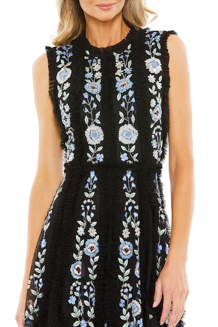 Mac Duggal_Black Polyester Sequins, Beads High Neck Iris Floris Embroidered Mini Dress _Online_at_Aza_Fashions