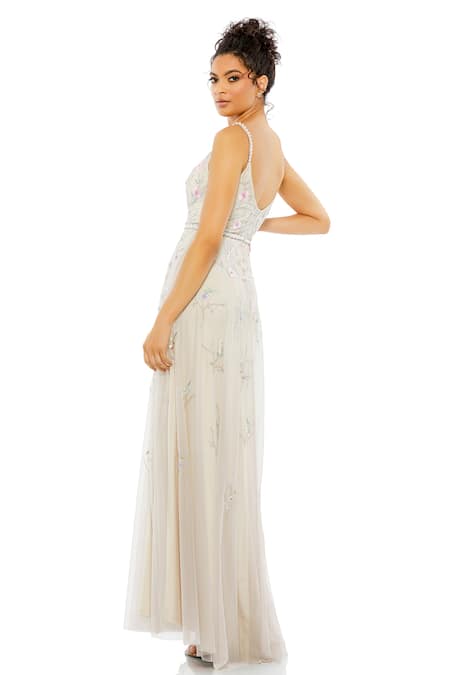 Shop_Mac Duggal_Beige Polyester Sequins, Cut Work, Beads Moonstone Bloom Embroidered Gown _at_Aza_Fashions