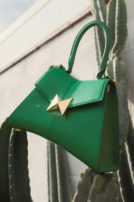 Mac Duggal Green Plain Leather Small Angular Bag