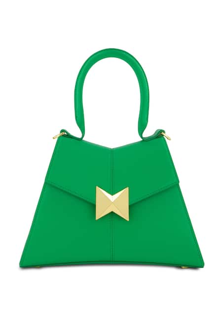 Mac Duggal_Green Leather Small Angular Bag _Online_at_Aza_Fashions