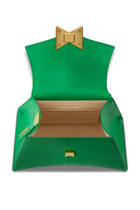 Shop_Mac Duggal_Green Leather Small Angular Bag _Online_at_Aza_Fashions