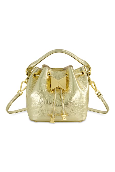 Mac Duggal_Gold Leather Metallic Bucket Bag_Online_at_Aza_Fashions