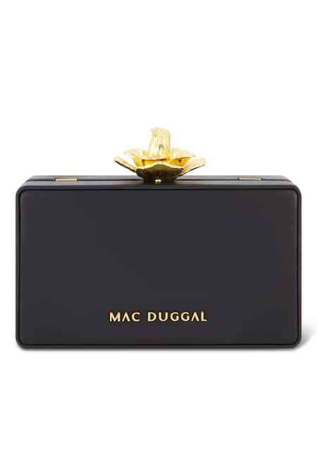 Shop Mac Duggal Black Brooches Leather Metallic Rose Clasp Clutch at Aza Fashions Shop_Mac Duggal_Black Brooches Leather Metallic Rose Clasp Clutch _at_Aza_Fashions