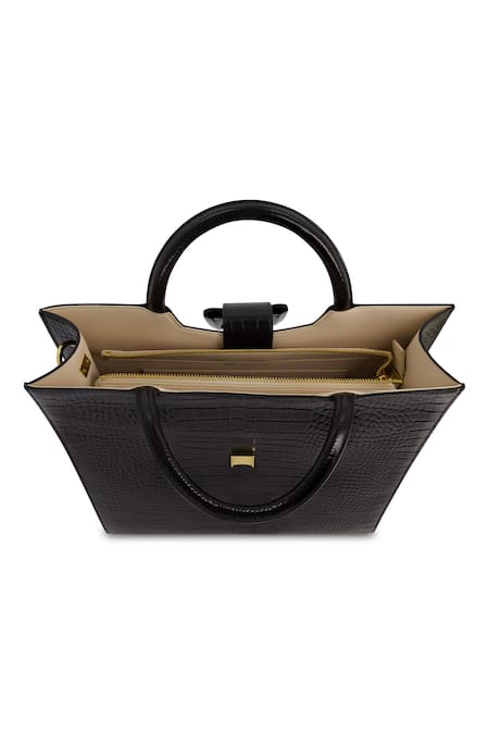 Shop Mac Duggal Black Leather Crocodile Embossed Shopper Bag at Aza Fashions Shop_Mac Duggal_Black Leather Crocodile Embossed Shopper Bag _at_Aza_Fashions