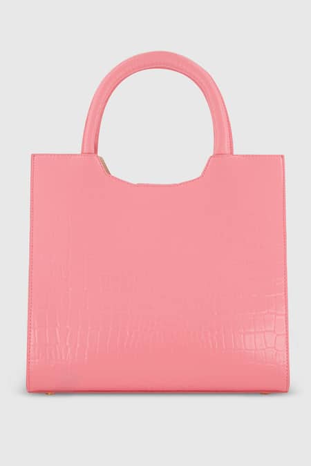 Shop_Mac Duggal_Pink Leather Crocodile Textured Medium Tote Bag _at_Aza_Fashions