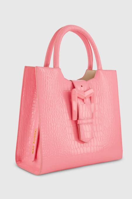 Mac Duggal_Pink Leather Crocodile Textured Medium Tote Bag _Online_at_Aza_Fashions