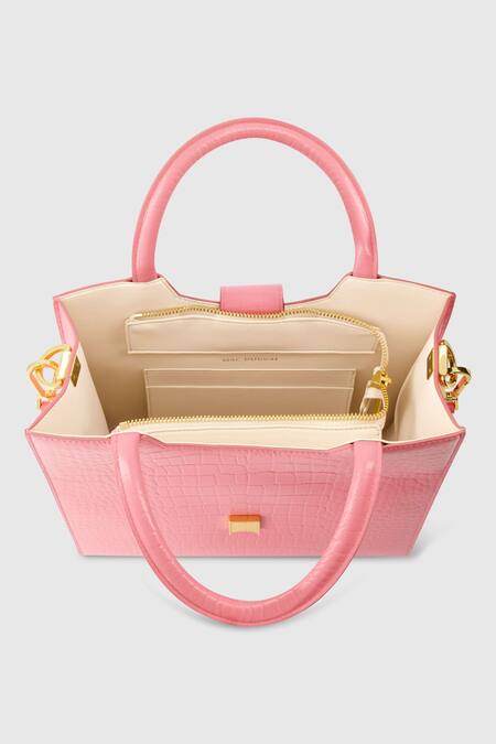 Buy_Mac Duggal_Pink Leather Crocodile Textured Medium Tote Bag _Online_at_Aza_Fashions