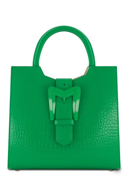 Mac Duggal Green Leather Textured Medium Tote Bag Online at Aza Fashions Mac Duggal_Green Leather Textured Medium Tote Bag _Online_at_Aza_Fashions
