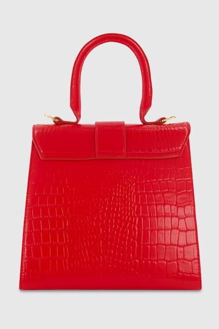 Shop Mac Duggal Red Leather Crocodile Textured Top Handle Medium Bag at Aza Fashions Shop_Mac Duggal_Red Leather Crocodile Textured Top Handle Medium Bag _at_Aza_Fashions