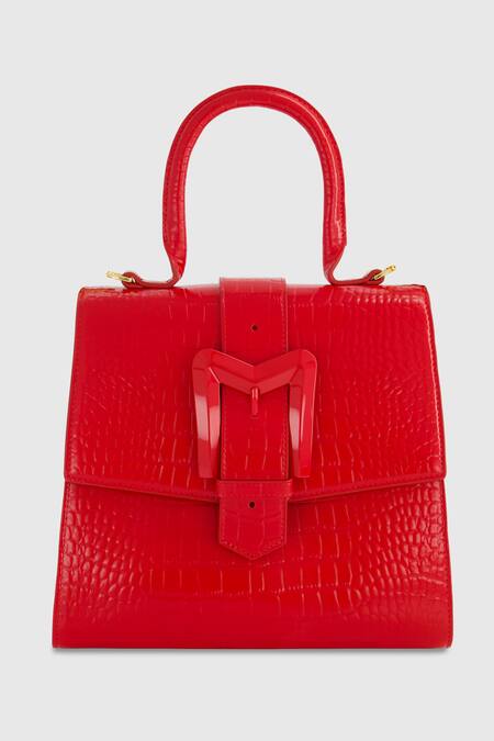 Mac Duggal Red Leather Crocodile Textured Top Handle Medium Bag Online at Aza Fashions Mac Duggal_Red Leather Crocodile Textured Top Handle Medium Bag _Online_at_Aza_Fashions