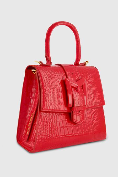 Buy Mac Duggal Red Leather Crocodile Textured Top Handle Medium Bag Online at Aza Fashions Buy_Mac Duggal_Red Leather Crocodile Textured Top Handle Medium Bag _Online_at_Aza_Fashions