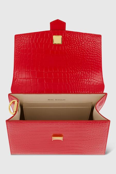 Shop Mac Duggal Red Leather Crocodile Textured Top Handle Medium Bag Online at Aza Fashions Shop_Mac Duggal_Red Leather Crocodile Textured Top Handle Medium Bag _Online_at_Aza_Fashions